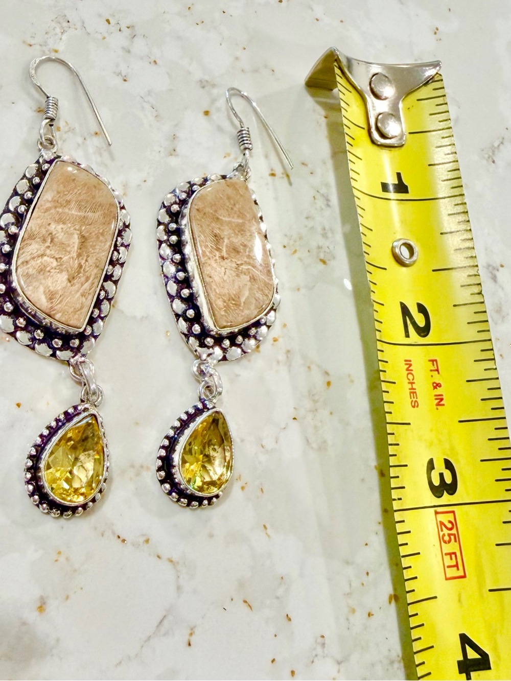 Sterling Silver Jasper Citrine 3" long Dangle Earrings stamped 925